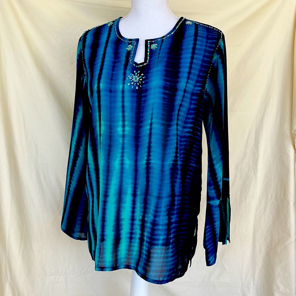 Shiborri Tie Dye Chiffon Semi Sheer Sequin Beaded Kurta Medium India Desi
